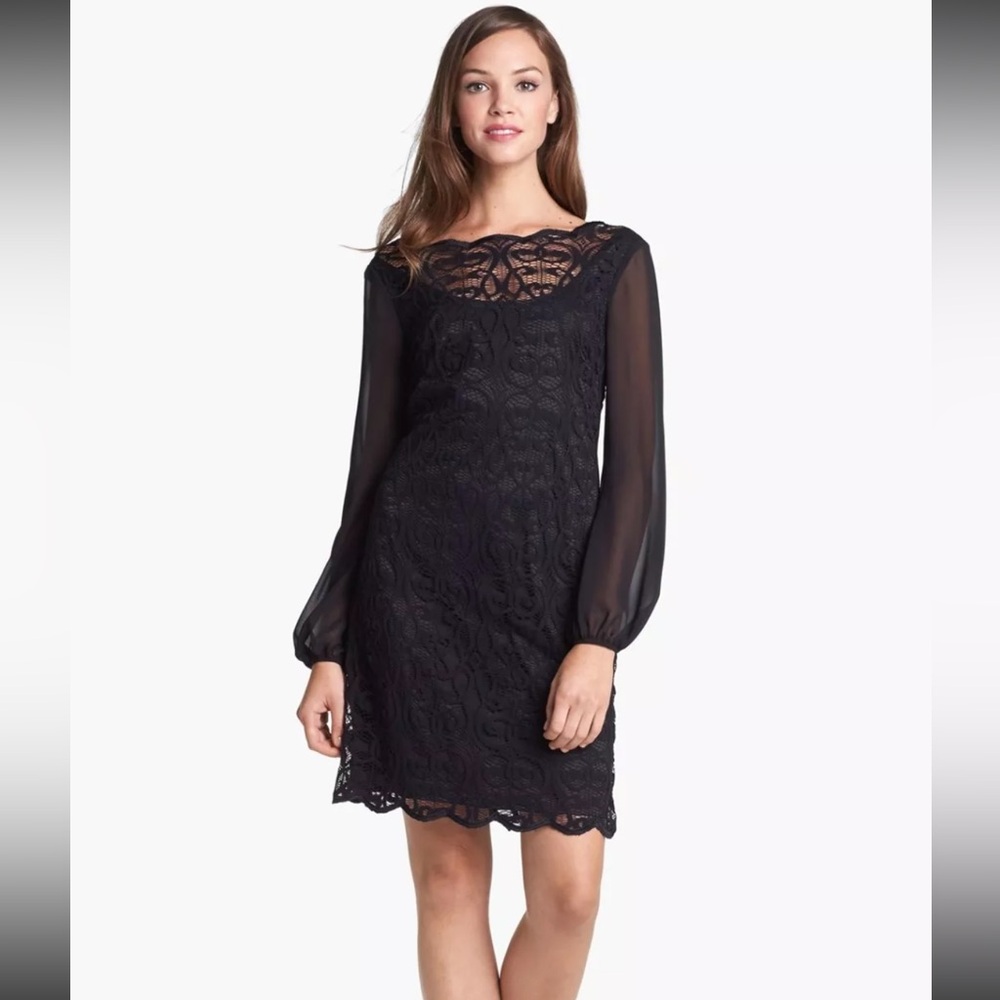 Adrianna Papell Black Lace and Chiffon Long Sleeve Dress Size 6‎